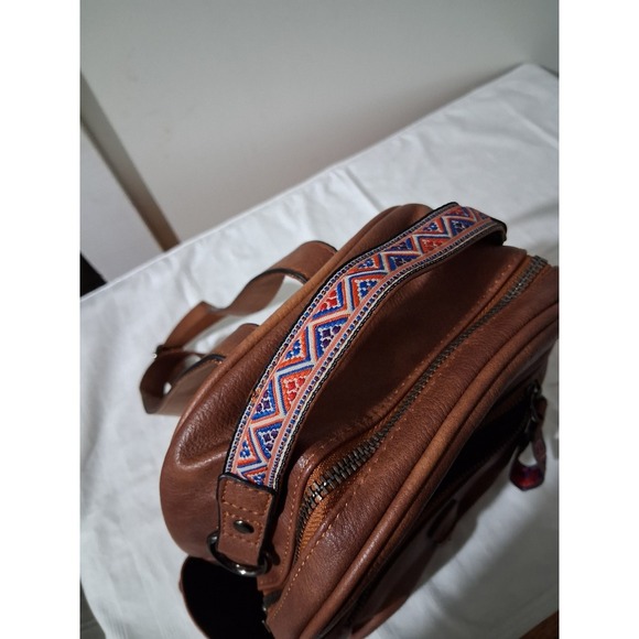 Fadeon Cognac Brown Vegan Leather Mini Backpack Woven Trim Boho main image 4